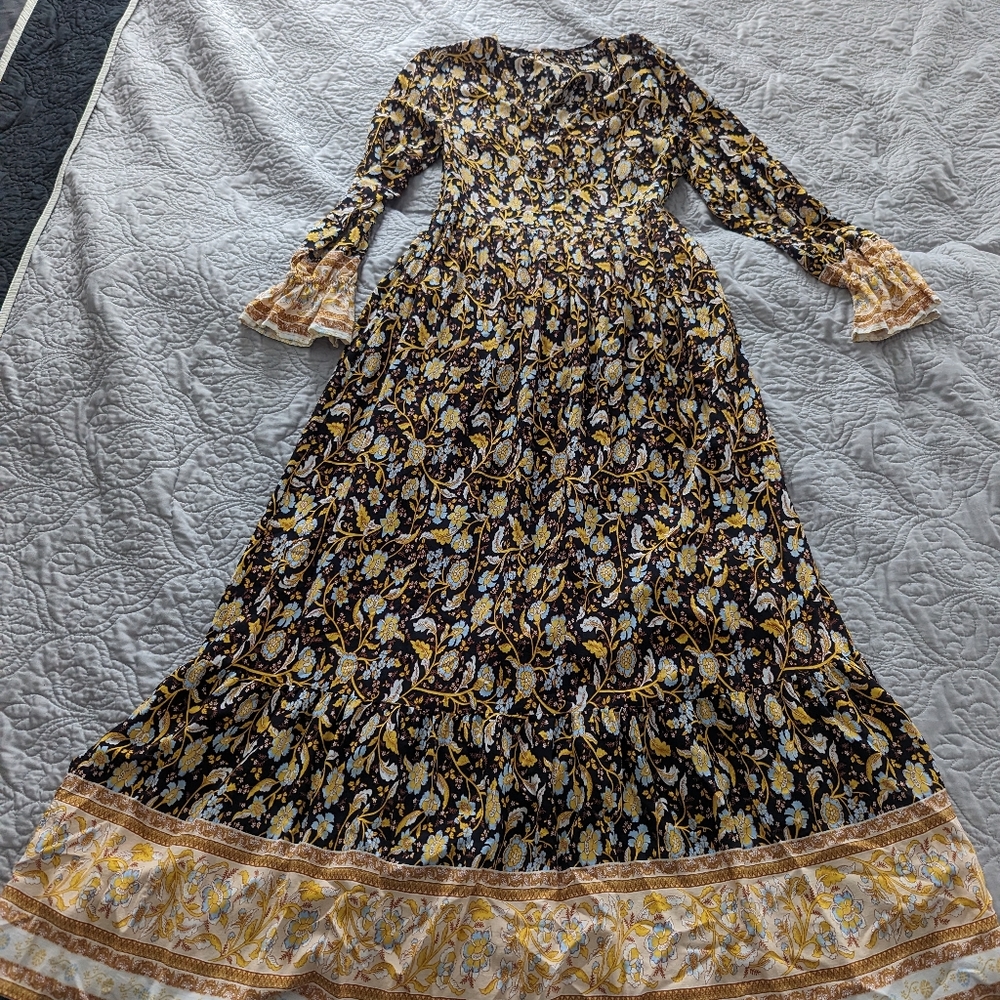 NWOT Floern's Floral Print Boho V Neck Long Sleeve Maxi Dress